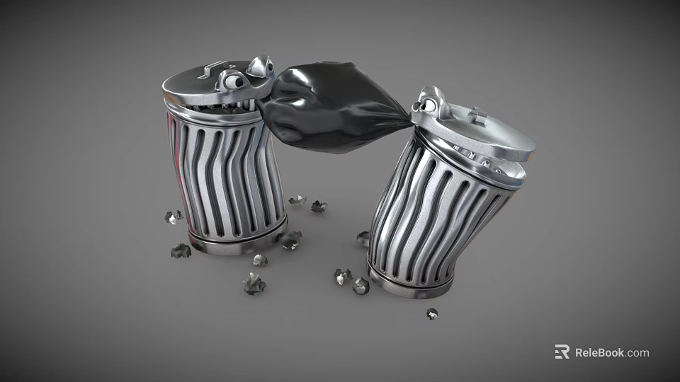 Public Trash Bins With Silver Striped Design Black Garbage Bag And Scattered Waste 3d model 
