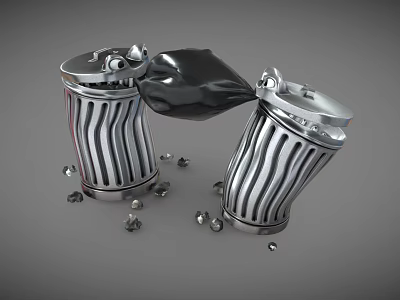 Public Trash Bins With Silver Striped Design Black Garbage Bag And Scattered Waste 3d model