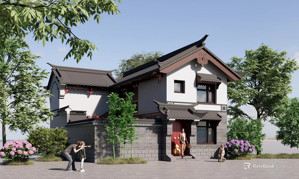 Traditional Chinese Style Courtyard House With Overhanging Eaves Grey Tiles And White Walls 3d model 