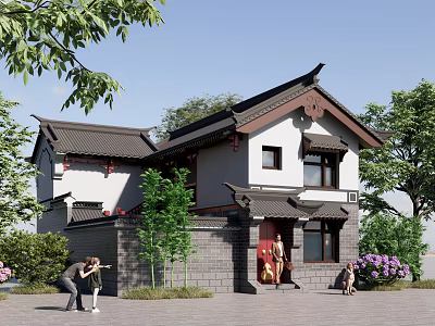 Traditional Chinese Style Courtyard House With Overhanging Eaves Grey Tiles And White Walls 3d model