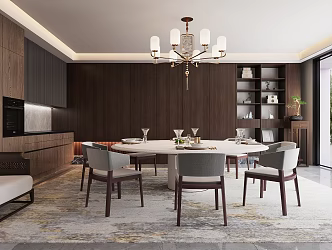 New Chinese Restaurant Dining Table and Chair Cabinet Chandelier 3d model