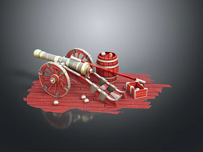 Vintage Military Cannon Display With Wooden Barrel Cannonballs And Crate On Red Planks 3d model