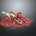 Vintage Military Cannon Display With Wooden Barrel Cannonballs And Crate On Red Planks