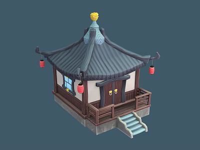 Cartoon Style Traditional Chinese Building Featuring Black Tiled Roof Yellow Ornament And Red Lanterns 3d model