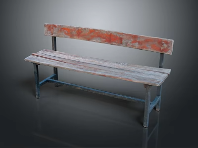 Outdoor Bench Wooden Seat With Weathered Red Orange Paint Backrest And Blue Metal Frame 3d model