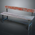 Outdoor Bench Wooden Seat With Weathered Red Orange Paint Backrest And Blue Metal Frame