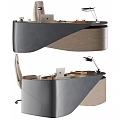 Modern Office Desk Setup With Beige Chair Desk Lamp Laptop Coffee Cup And Drawers