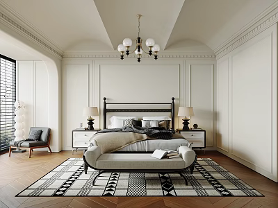 French Cream Bedroom French Middle Ancient Double Bedside Table Lamp Chandelier Carpet 3d model