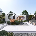 Modern Courtyard Scenic Wall Design With Green Plants Stone Path And Circular Water Feature
