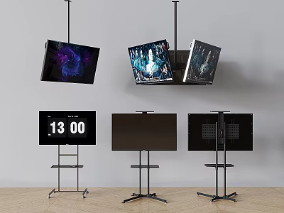 Modern TVs Hanging And Standing With Time Display And Various Screens 3d model