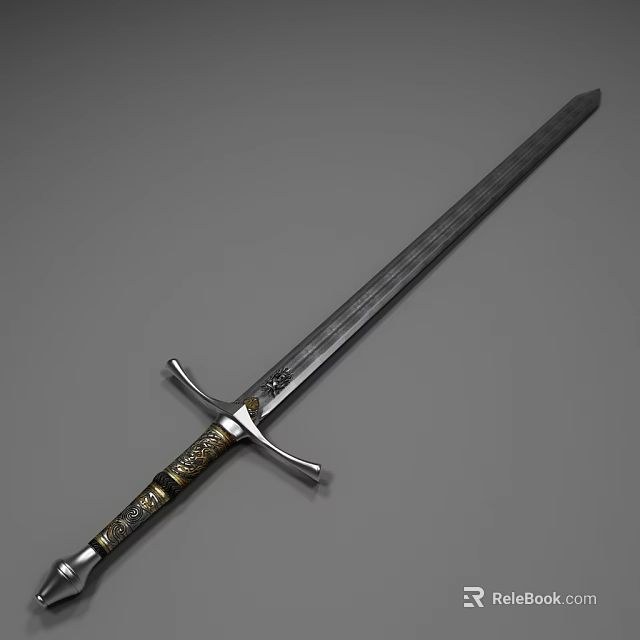 Decorative Medieval Sword With Engraved Metal Blade And Golden Ornate Hilt 3d model 