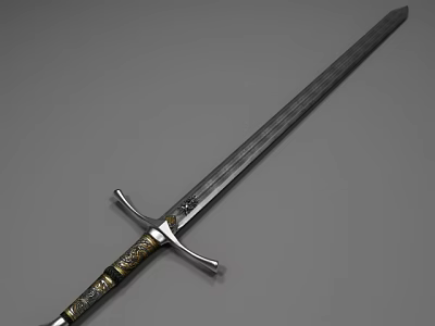 Decorative Medieval Sword With Engraved Metal Blade And Golden Ornate Hilt 3d model