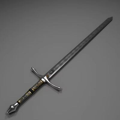 Decorative Medieval Sword With Engraved Metal Blade And Golden Ornate Hilt 3d model