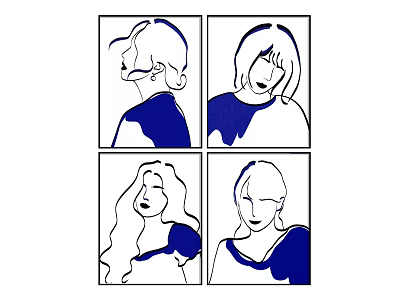 Four Female Portrait Line Art Drawings With Blue And White Colors 3d model