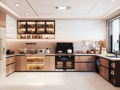 Modern Kitchen Interior With White Cabinets Wooden Shelves And Stainless Steel Appliances 3d model