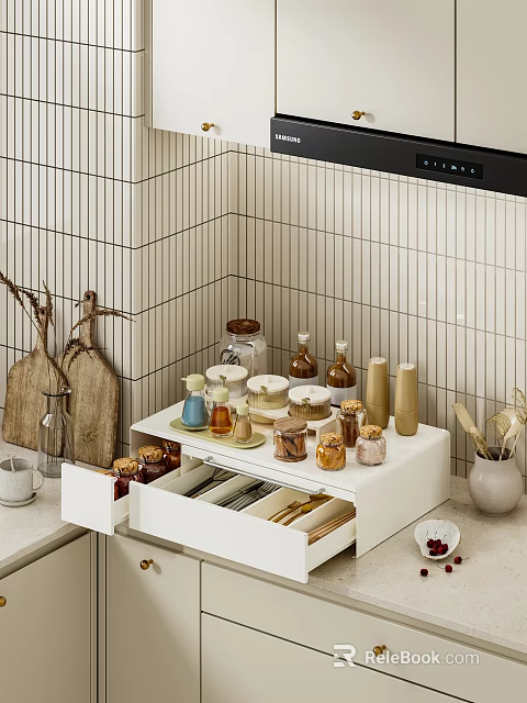 Kitchen Utensils in Open White Drawer With Spice Jars Wooden Cutting Boards and Striped Tiles 3d model 