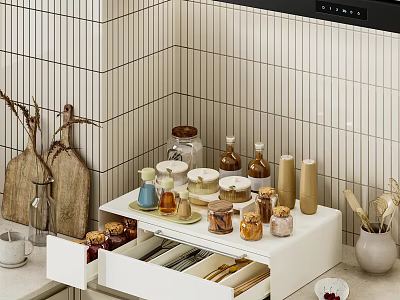 Kitchen Utensils in Open White Drawer With Spice Jars Wooden Cutting Boards and Striped Tiles 3d model