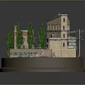 Miniature Building Model With Stone Walls Red Roof Terrace Cypress Trees And Circular Base