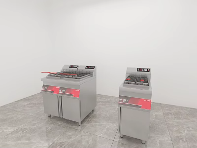 Two Silver Kitchen Fryers with Red Labels on Grey Floor and White Walls 3d model