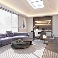 Modern Office Interior Design With Comfortable Sofa Coffee Table Desk Chair Large Windows And Skylight