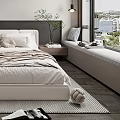 Modern Bedroom Interior With Large Window City View Artwork Nightstand Lamp Throw Blanket And Bookshelf