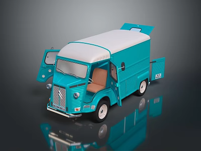 Vintage Turquoise Bus Model with White Roof Open Doors and Brown Seats 3d model