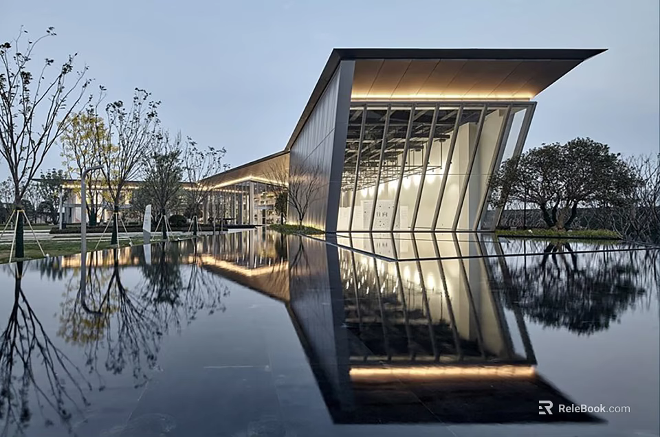 Modern Sales Center With Glass Curtain Wall Sloped Roof And Water Reflection 3d model 