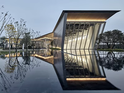 Modern Sales Center With Glass Curtain Wall Sloped Roof And Water Reflection 3d model