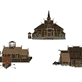 Rustic Wooden House Structures With Thatch Roofs Pointed Tops And Boats