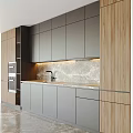 Modern Kitchen With Gray Cabinets Marble Countertop Island Wooden Accents And Built in Oven