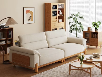 Cozy Beige Fabric Sofa And Wooden Coffee Table Set For Warm Natural Living Room 3d model