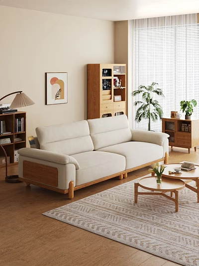 Cozy Beige Fabric Sofa And Wooden Coffee Table Set For Warm Natural Living Room 3d model