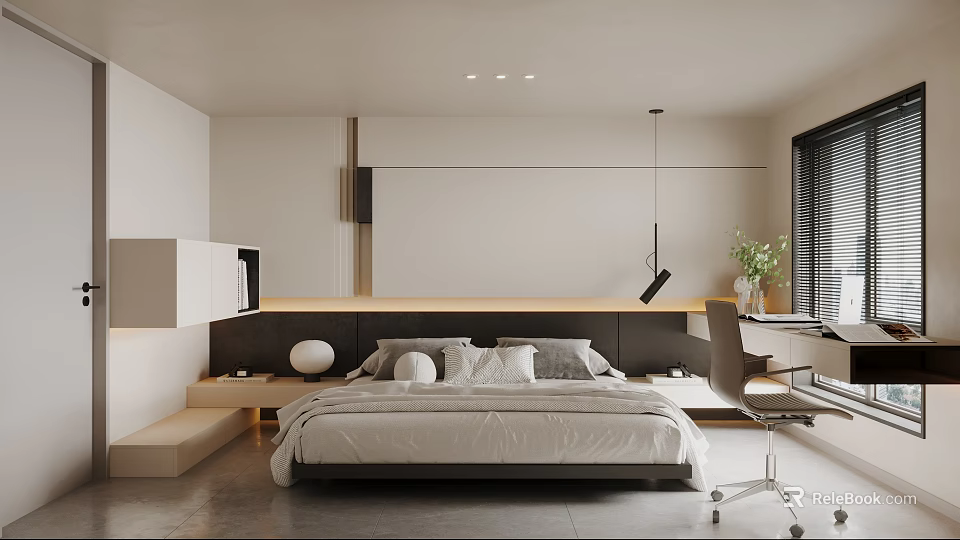 Modern Minimalist Bedroom Interior With Cozy Bed Nightstands Hanging Light Desk And Green Plants 3d model 