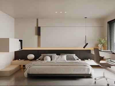 Modern Minimalist Bedroom Interior With Cozy Bed Nightstands Hanging Light Desk And Green Plants 3d model