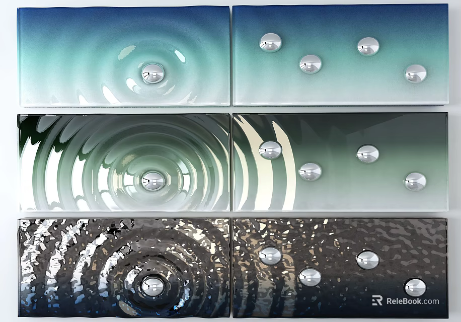 Glass Wall Decor Featuring Wave Patterns Spiral Textures Silver Balls And Blue Green Black Hues 3d model 