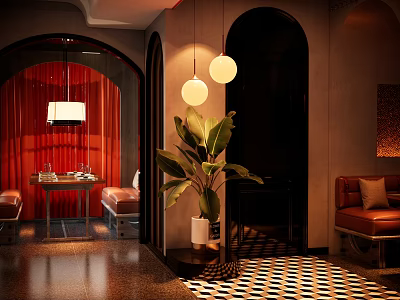 Elegant Restaurant Interior With Arched Doorways Red Curtains Black And White Checkered Floor And Pendant Lights 3d model