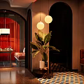Elegant Restaurant Interior With Arched Doorways Red Curtains Black And White Checkered Floor And Pendant Lights