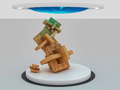 Geometric Green Brown Decorative Ornament Set On White Circular Base With Blue Halo 3d model
