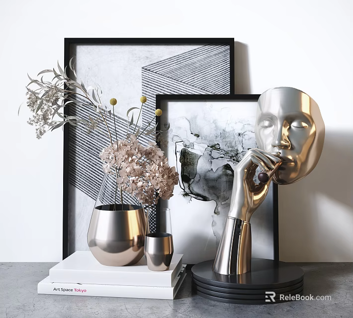 Modern Decorative Ornament Set With Silver Face Sculpture Vase Dried Flowers And Photo Frame 3d model 