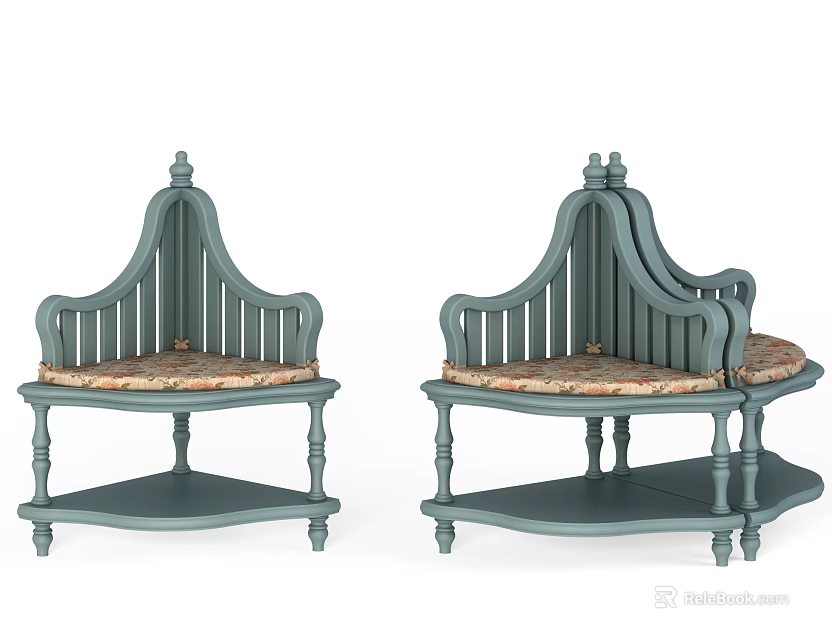 Grayish Green Upholstered Stools with Patterned Cushions and Backrests in Traditional Design 3d model 