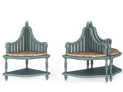 Grayish Green Upholstered Stools with Patterned Cushions and Backrests in Traditional Design 3d model