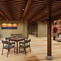 Cozy Modern Interior Space With Wooden Ceiling Hanging Lights Decorative Paintings Sofa Chairs And Flooring