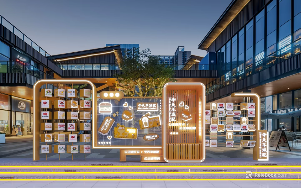 Modern Photo Spot with Glass Curtain Walls Wooden Structures Trees and Lighting Effects 3d model 