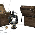 Vintage Wooden Storage Cases With Open Lid Brass Hardware And Surveying Instrument
