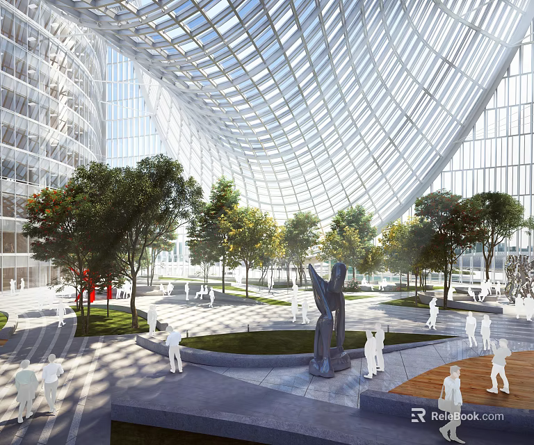 Modern Indoor Plaza With Glass Dome Trees Sculpture And People 3d model 