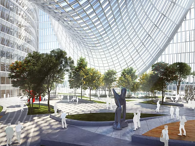 Modern Indoor Plaza With Glass Dome Trees Sculpture And People 3d model