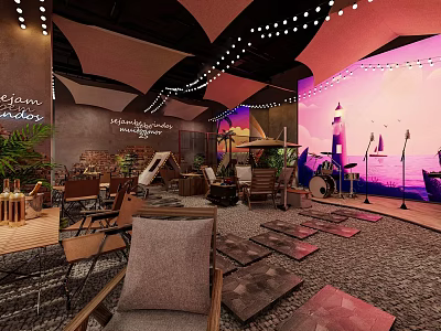 Casual Restaurant Interior Featuring Lighthouse Mural Sailboat Decor Drums And String Lights 3d model