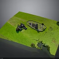 Outdoor Green Grassland Scene With Circular Structure And Small Building