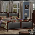Elegant Double Bed with Upholstered Headboard Wooden Frame Nightstand Lamp Curtains Dresser and Plant