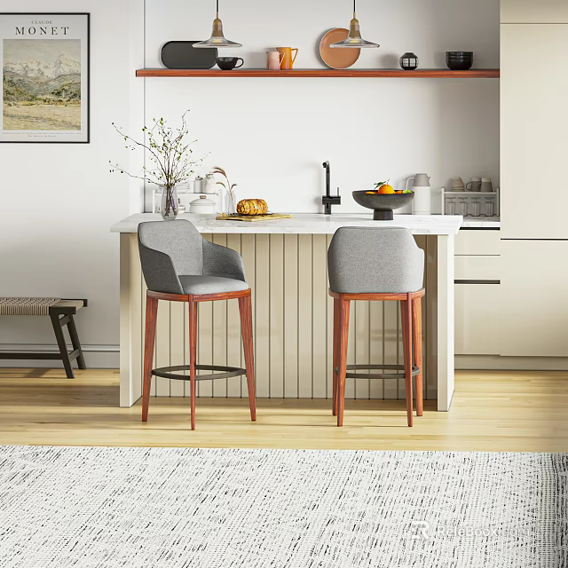 Modern Bar Area With Two Stools And Decor On White Counter 3d model